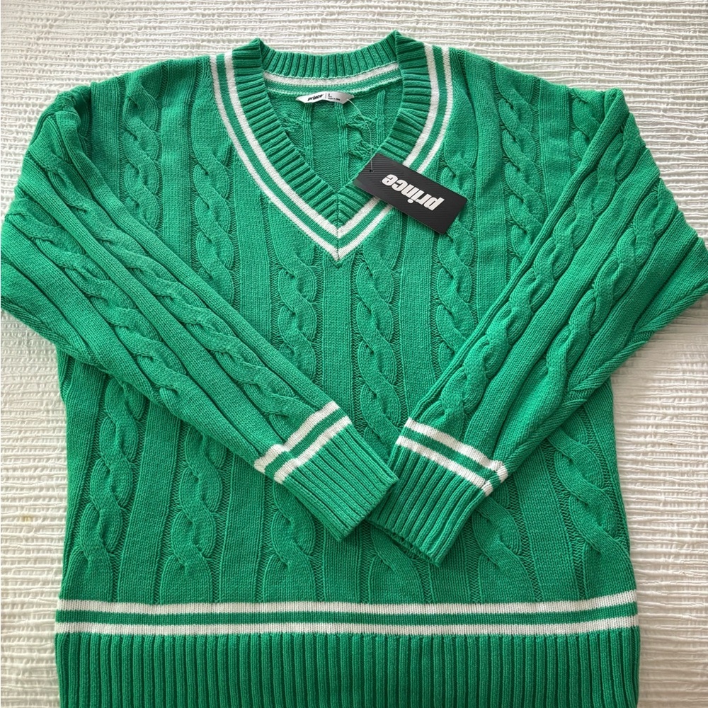 Prince Green V-Neck Mens’s / Women’s Cable Knit Sweater